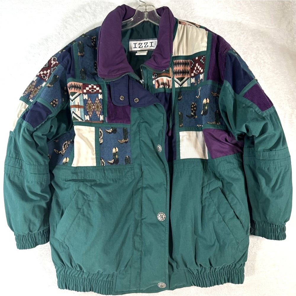 Vintage 80's Izzi Western Cowboy Patchwork Tapestry Bomber Jacket Sz Large